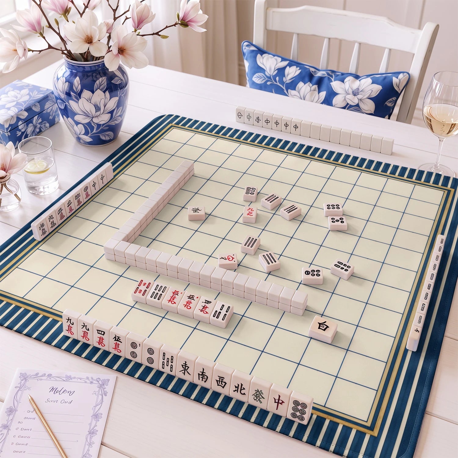 Navy Grid mahjong mat – M (60x60 cm) and L (81x81 cm) sizes