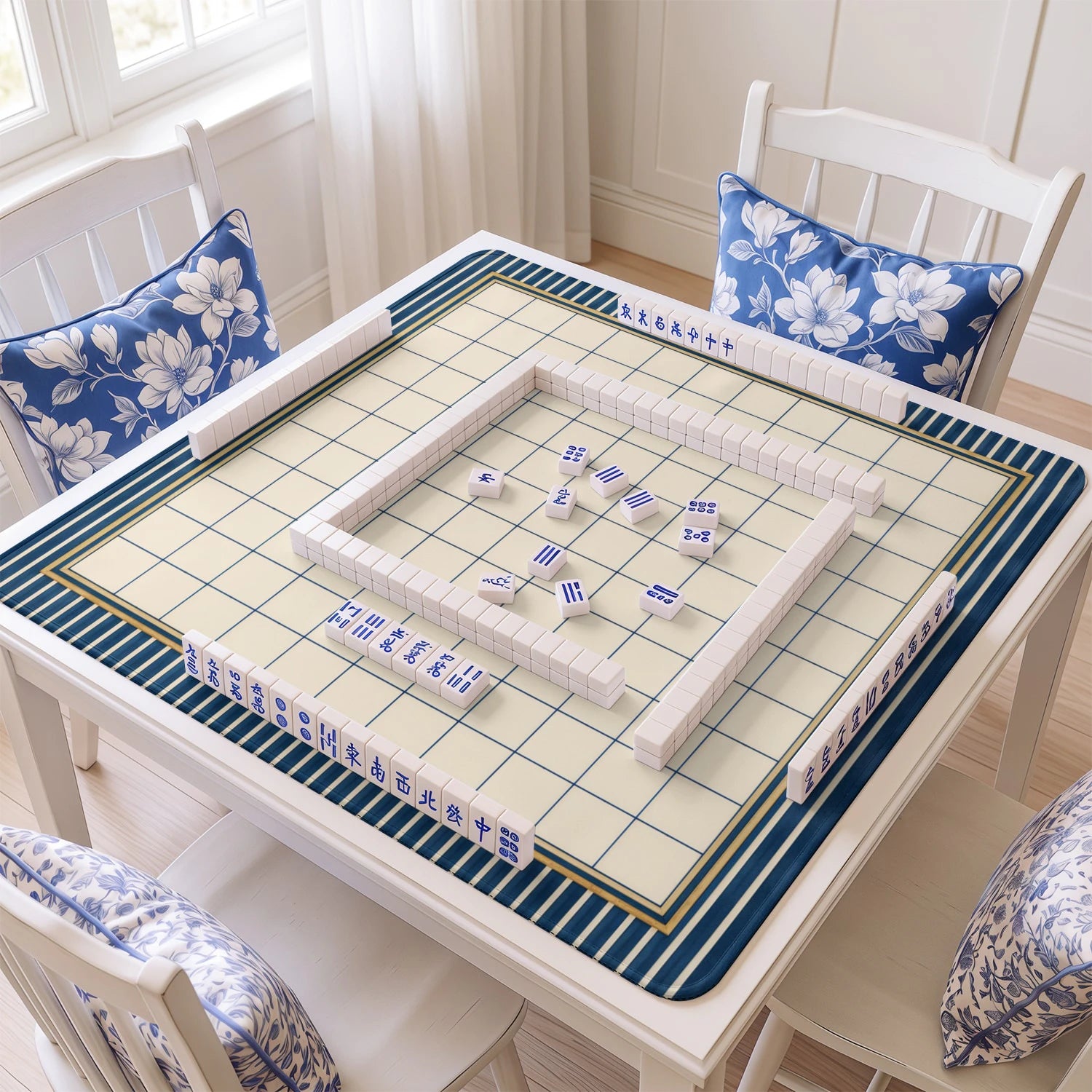 Navy Grid mahjong mat with tiles and racks on the table