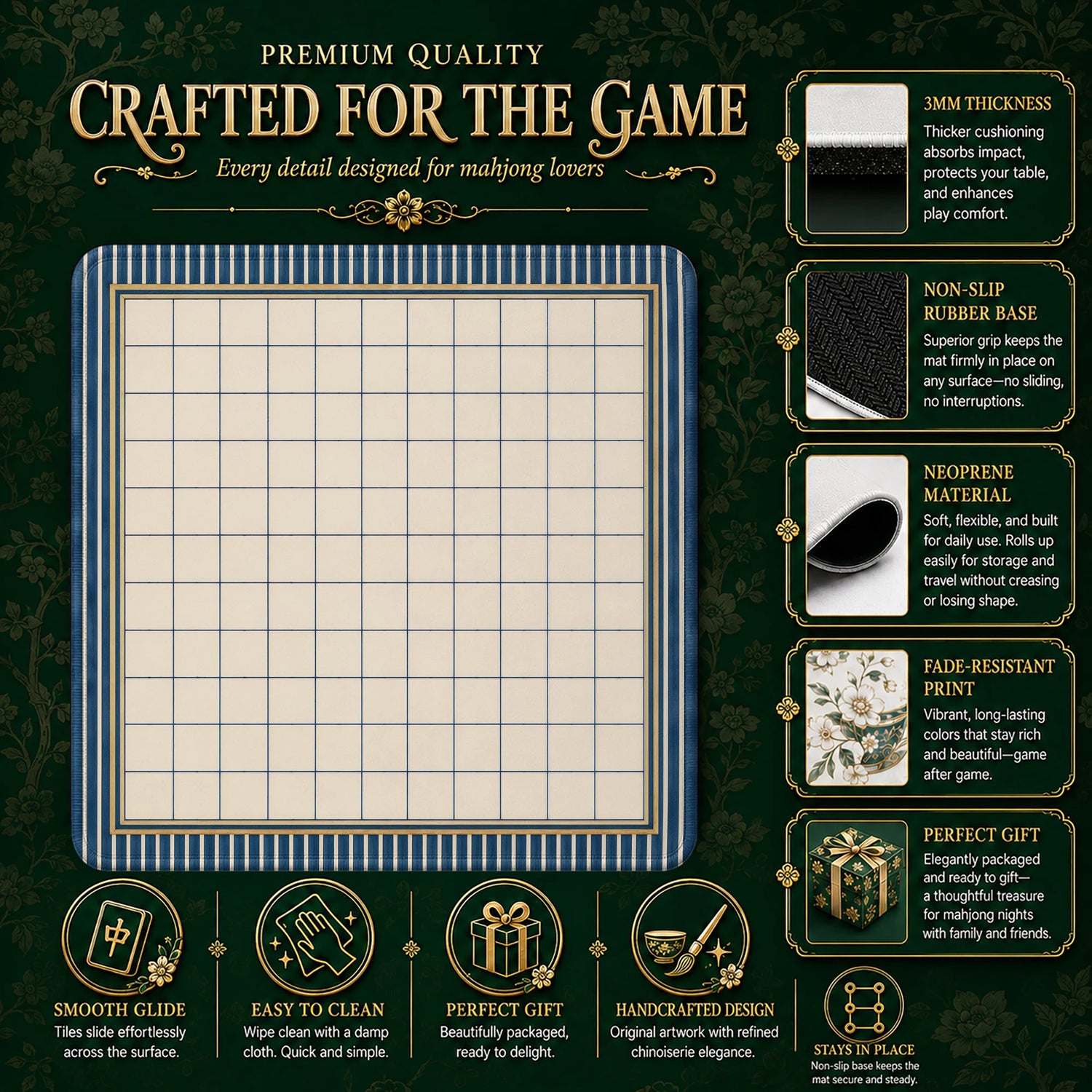 Navy Grid Mahjong Mat – neoprene mah jongg table mat