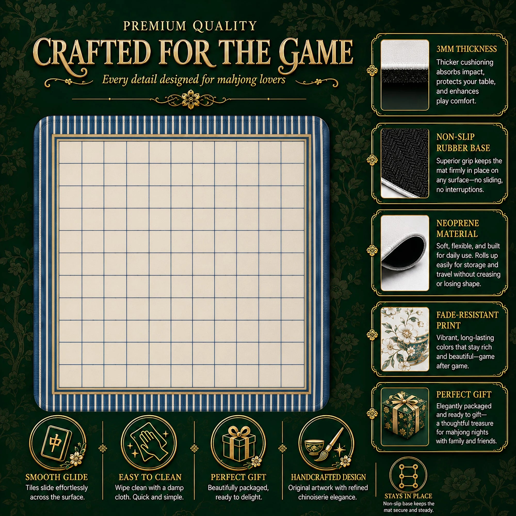 Navy Grid Mahjong Mat – neoprene mah jongg table mat