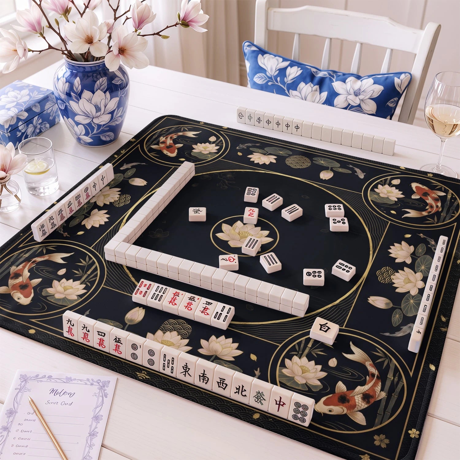 Navy Koi Mahjong Mat - Mah Jongg Table Mat