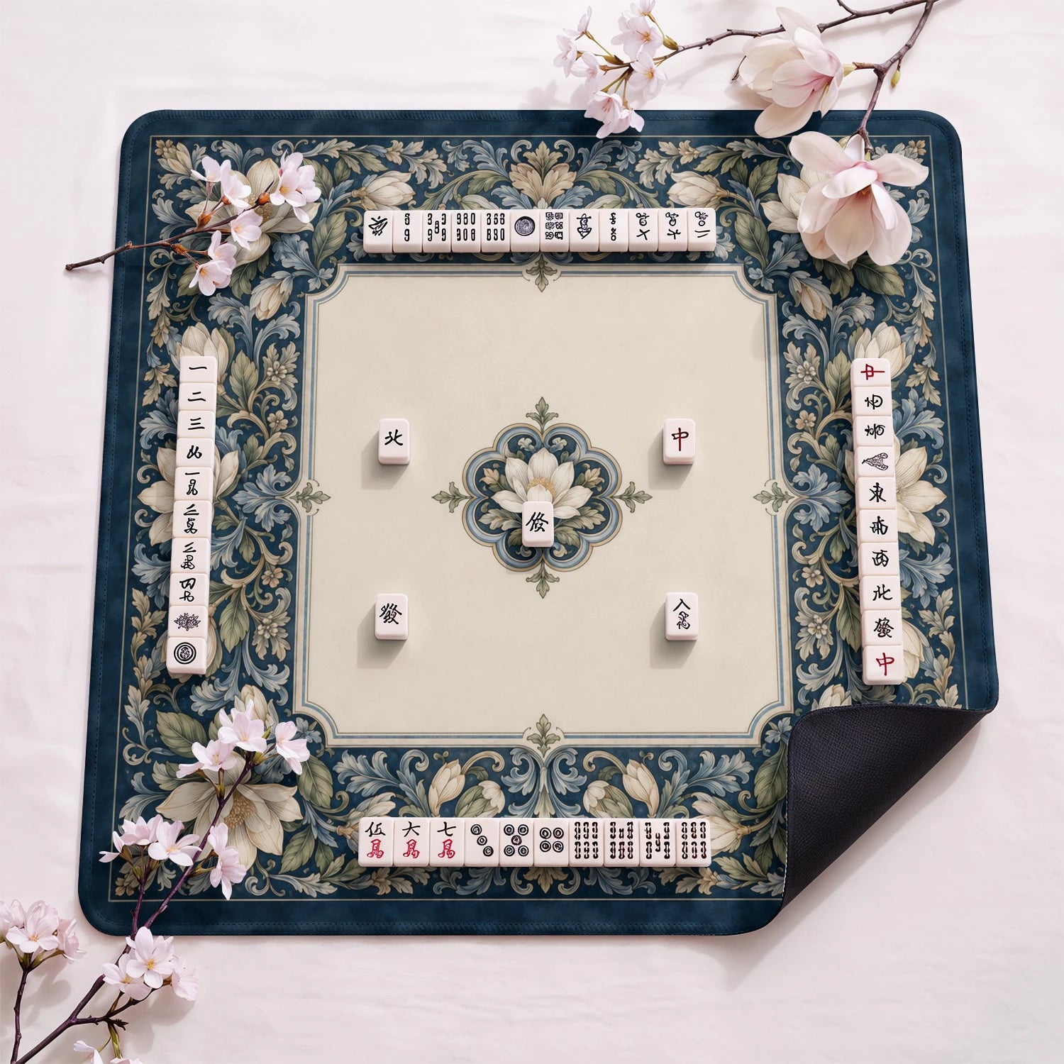 Navy Magnolia Mahjong Mat - Mah Jongg Table Mat