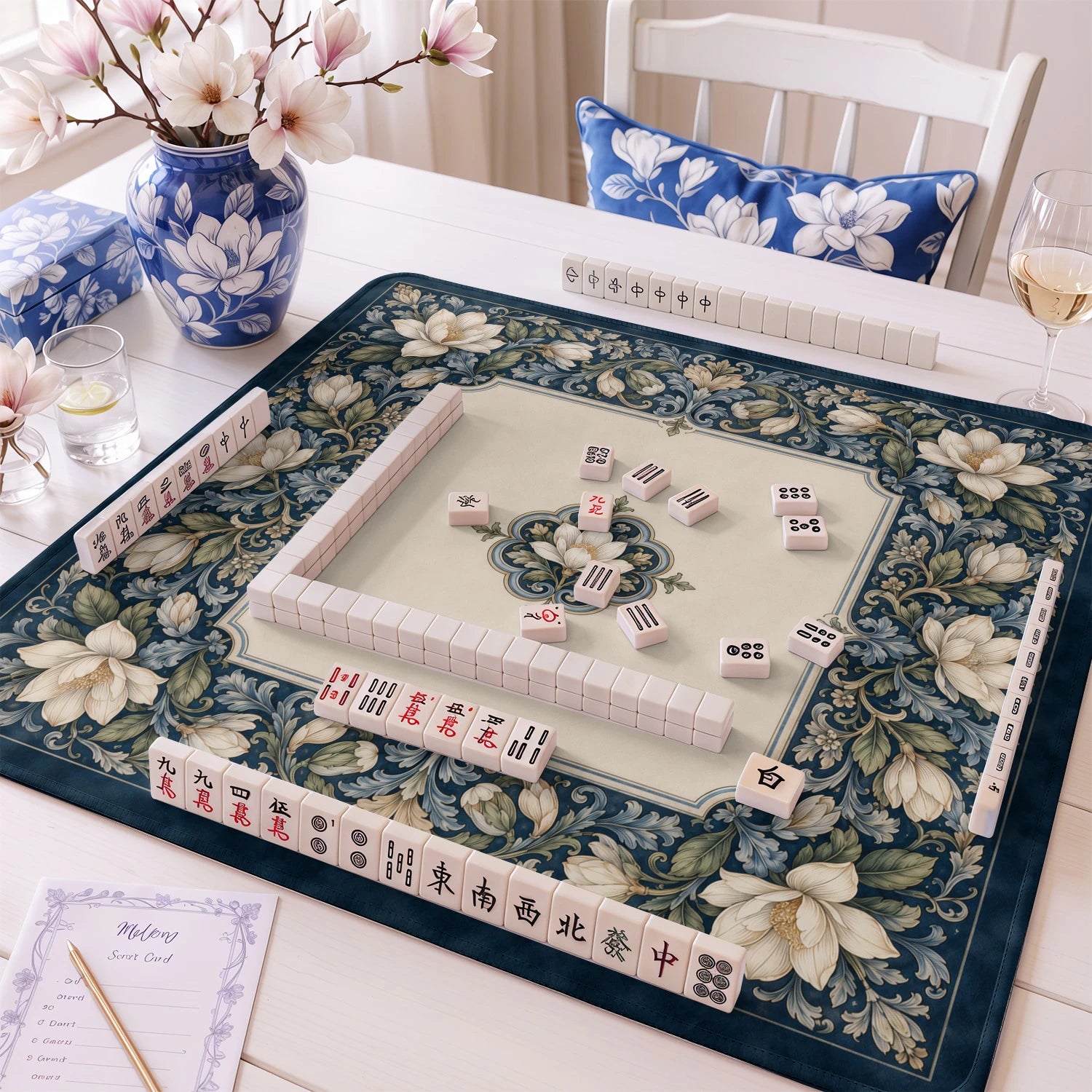 Navy Magnolia Mahjong Mat - Mah Jongg Table Mat