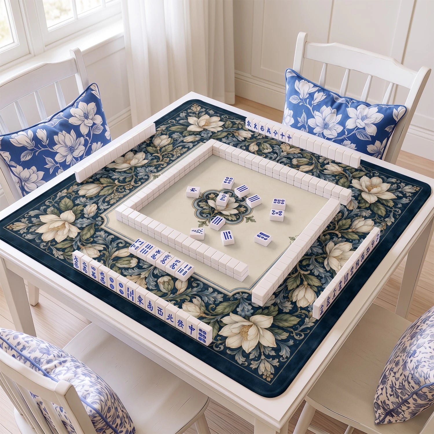 Navy Magnolia Mahjong Mat - Mah Jongg Table Mat