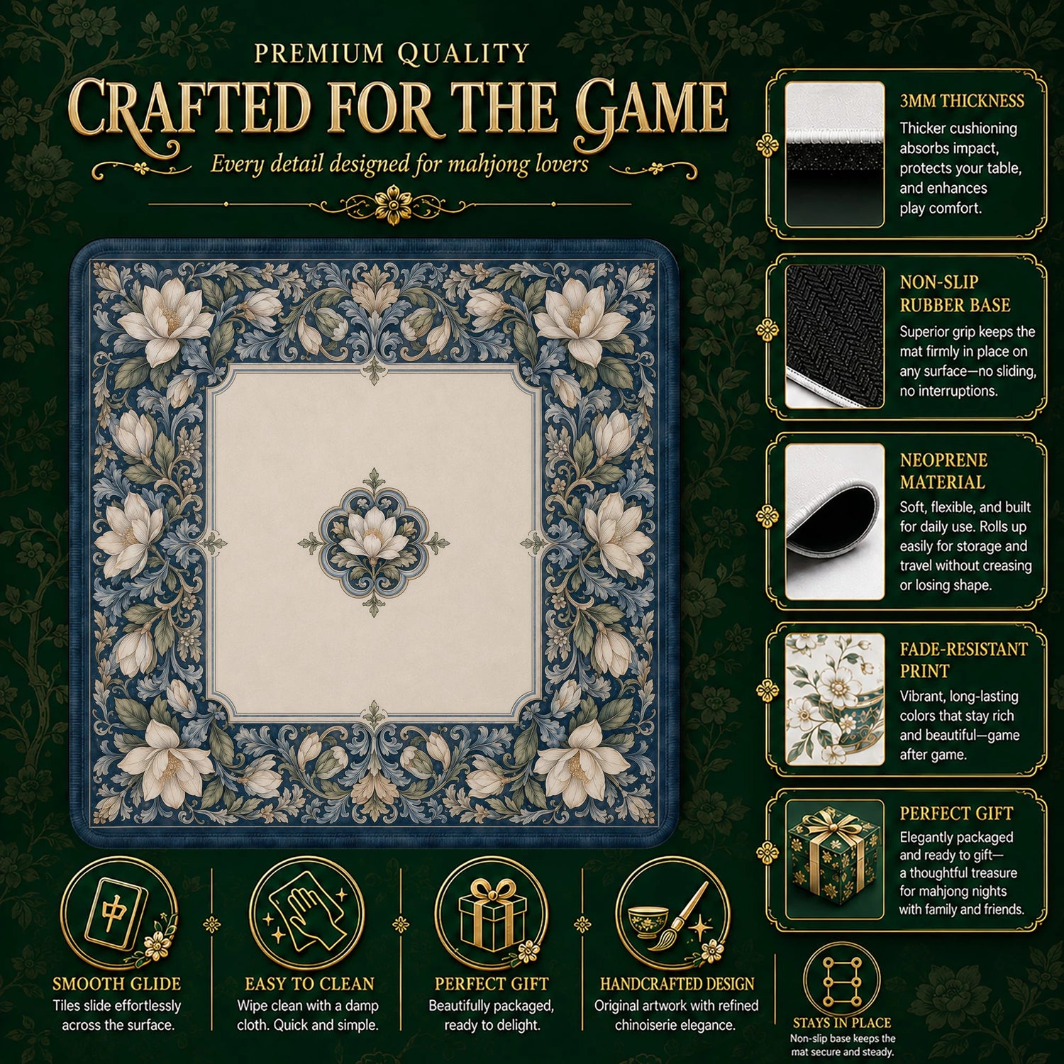 Navy Magnolia Mahjong Mat - Mah Jongg Table Mat
