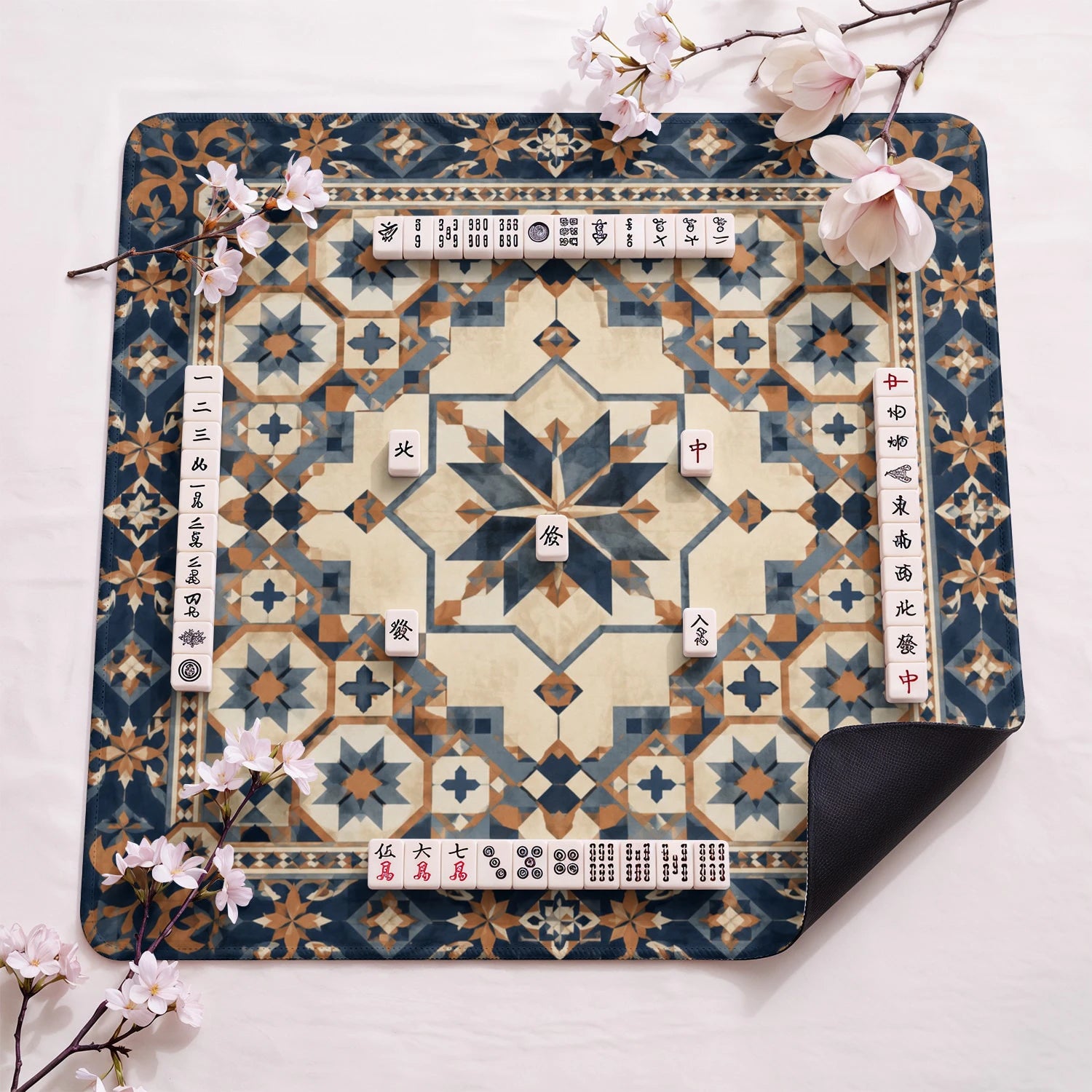 Navy Moroccan Star design close-up on mahjong mat surface