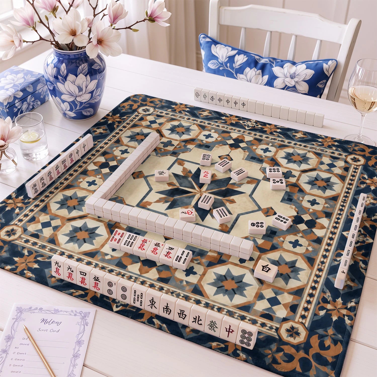 Navy Moroccan Star mahjong mat – M (60x60 cm) and L (81x81 cm) sizes