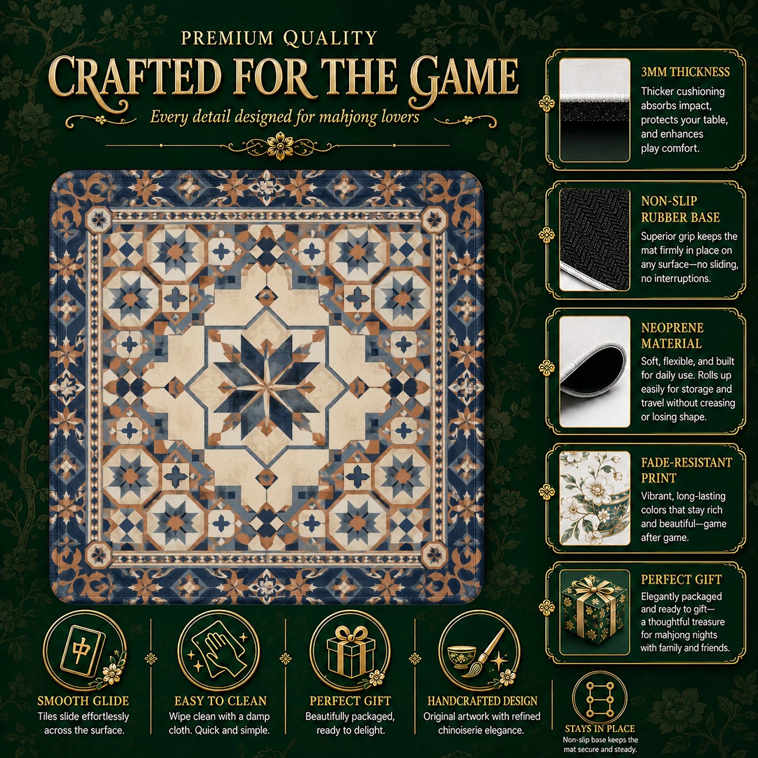 Navy Moroccan Star Mahjong Mat – neoprene mah jongg table mat