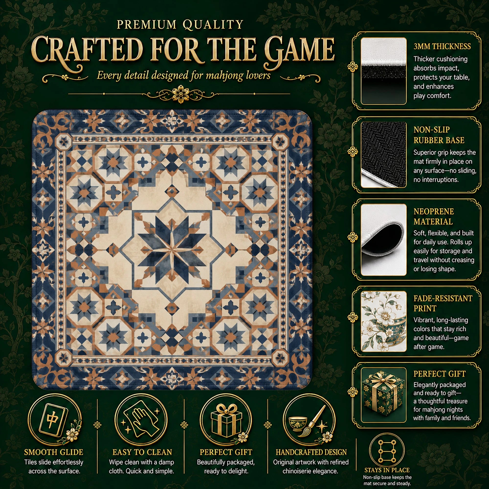 Navy Moroccan Star Mahjong Mat – neoprene mah jongg table mat