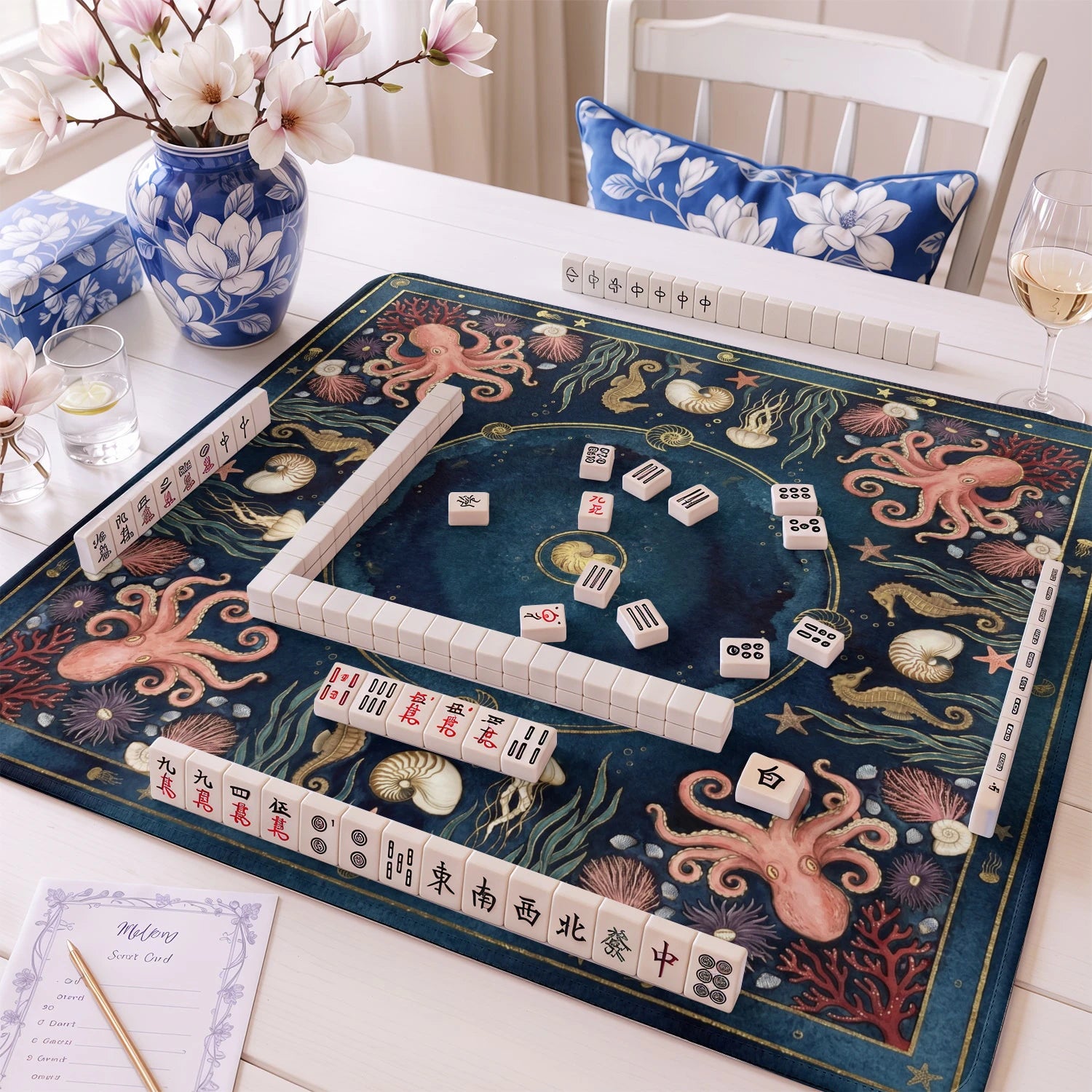 Navy Octopus Mahjong Mat - Mah Jongg Table Mat