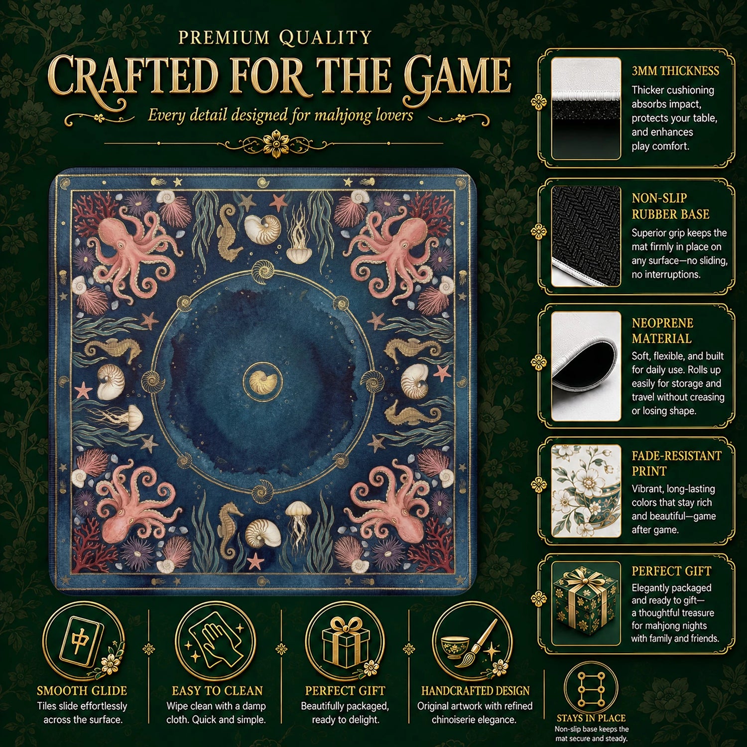 Navy Octopus Mahjong Mat - Mah Jongg Table Mat