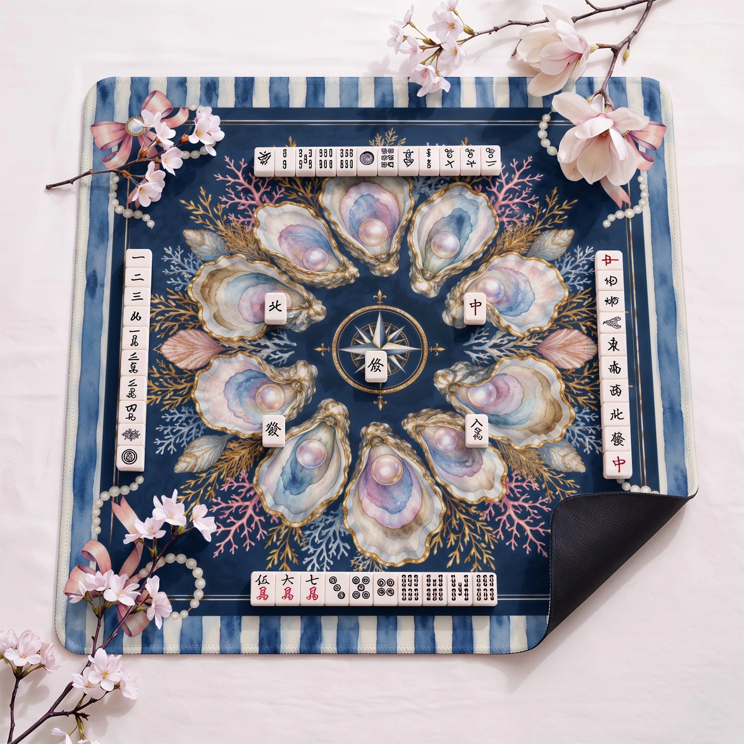 Navy Oyster design close-up on mahjong mat surface