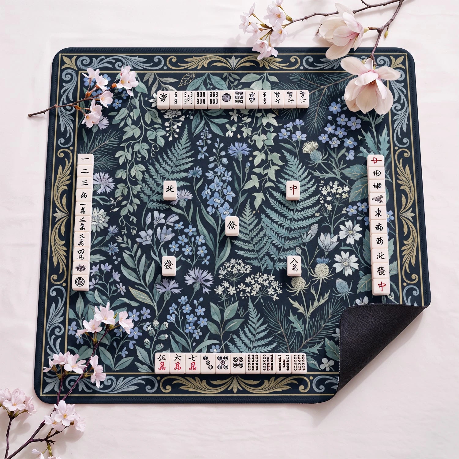 Navy Wildflower Mahjong Mat - Mah Jongg Mat