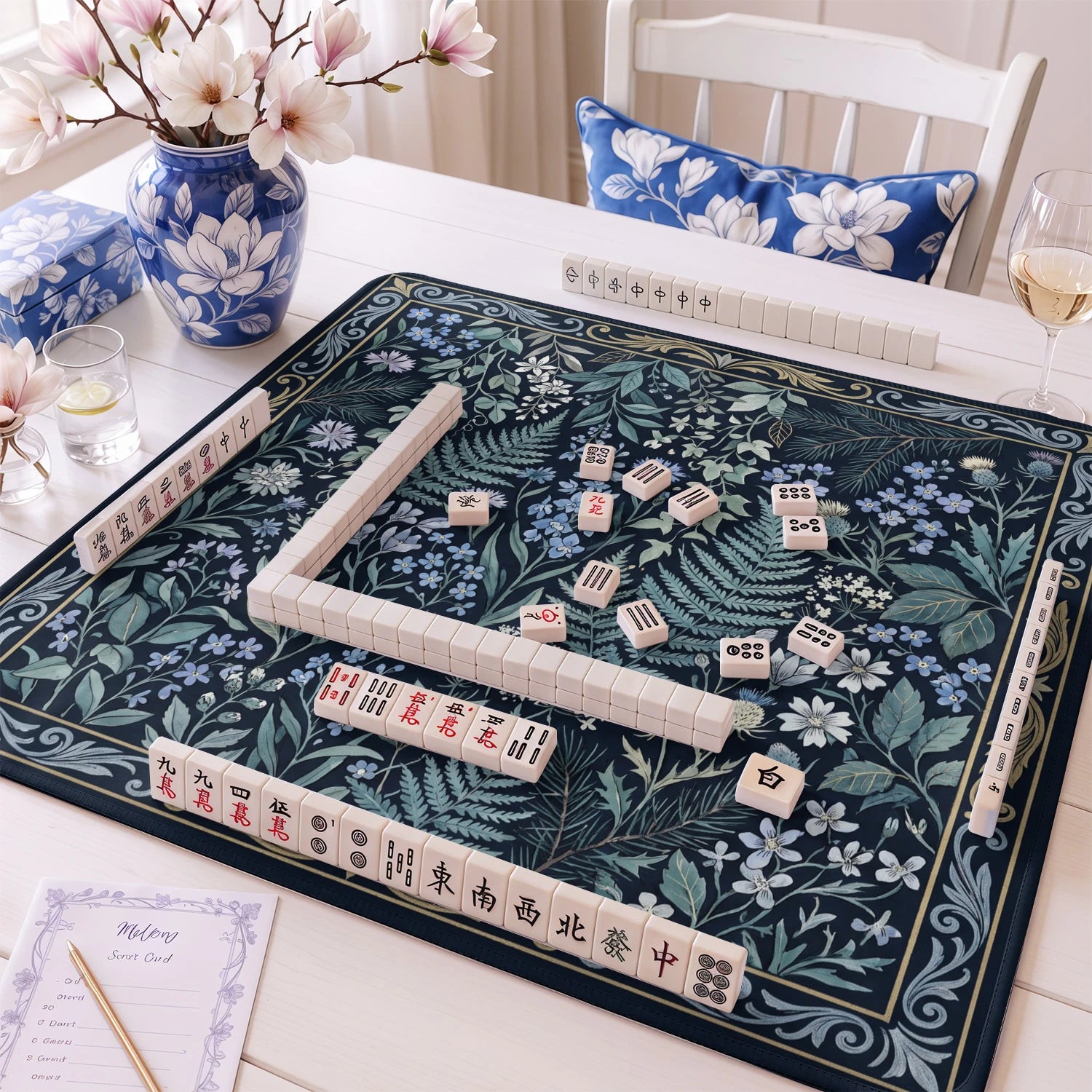 Navy Wildflower Mahjong Mat - Mah Jongg Mat
