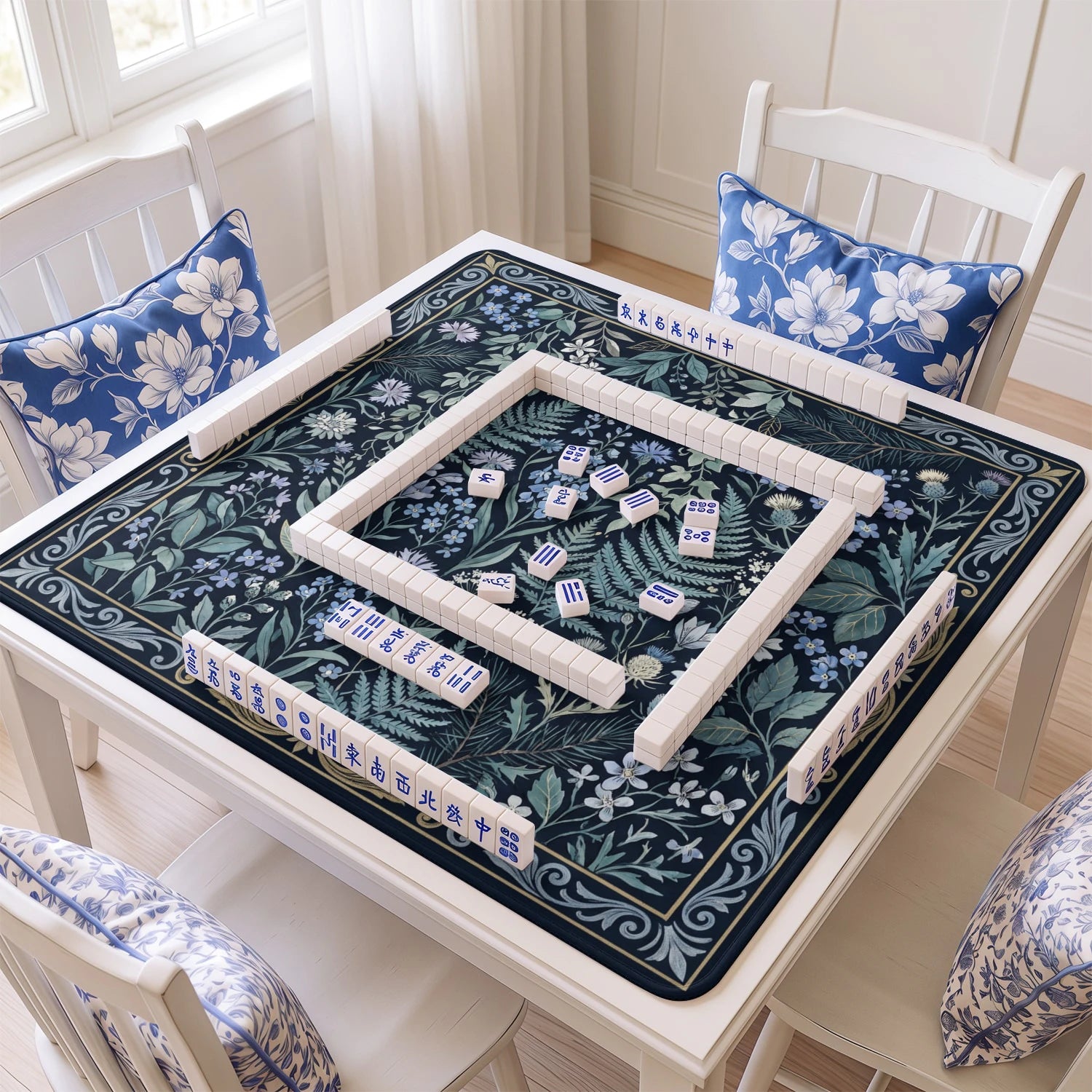 Navy Wildflower Mahjong Mat - Mah Jongg Mat