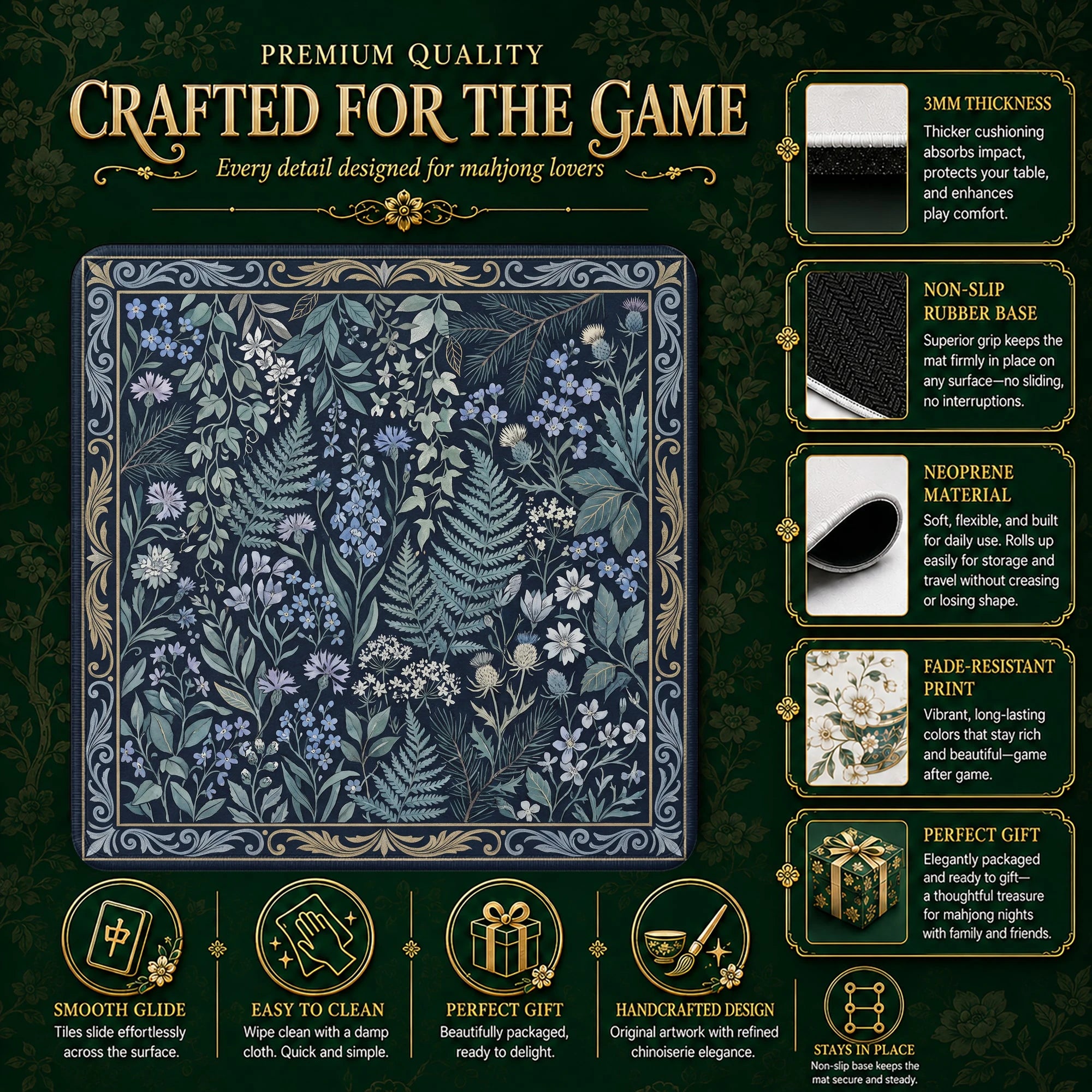 Navy Wildflower Mahjong Mat - Mah Jongg Mat