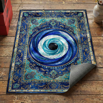 Turkish nazar evil eye area rug with swirling blue eye hamsa hands and gold scrollwork border