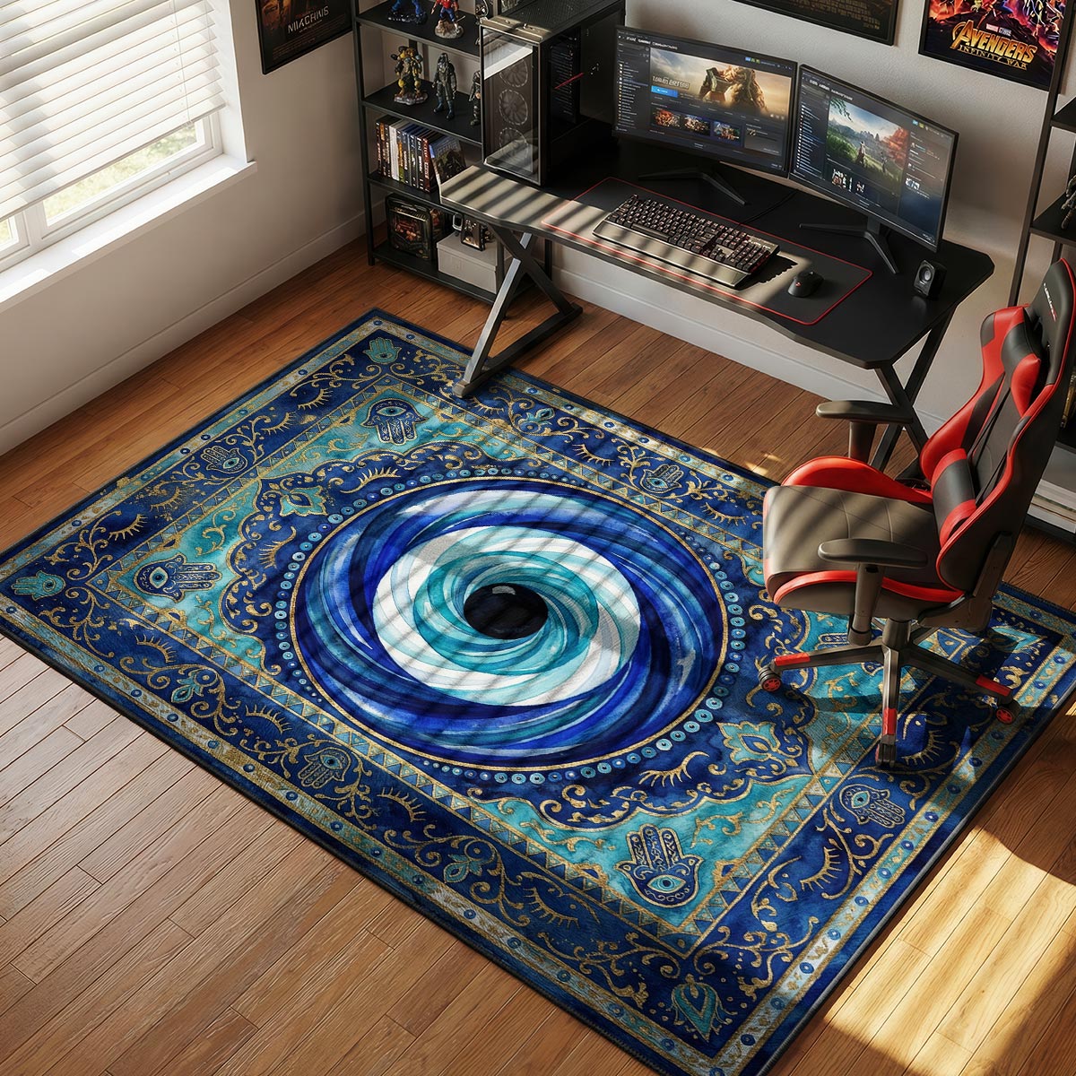 Nazar evil eye rug placed in a bright Mediterranean entryway with white walls and blue accents