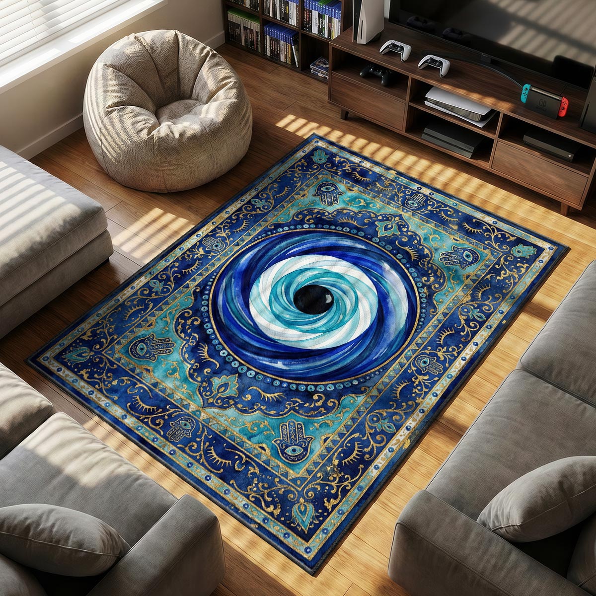 Close-up of nazar rug showing watercolor swirl and hamsa hand detail on dye-sublimation velvet