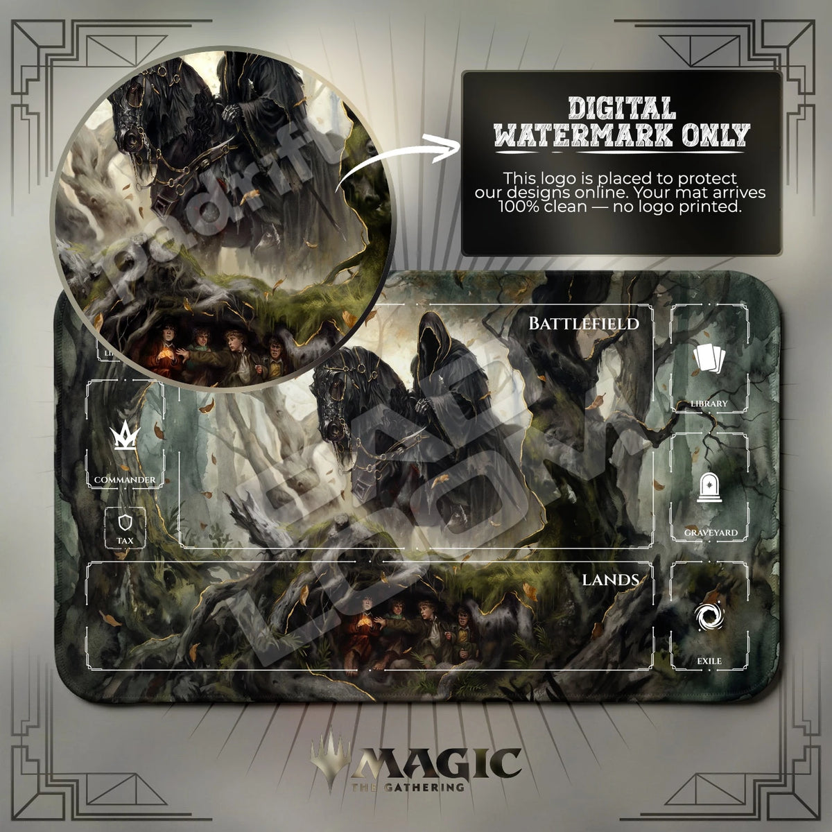 Nazgul Forest MTG playmat with zones; the Padloom watermark is digital only, not printed
