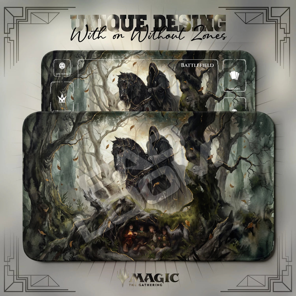 Nazgul Forest MTG playmat shown with zones and without zones