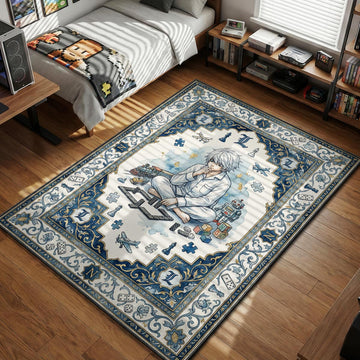 Near sitting cross-legged surrounded by toys and puzzles in vintage blue tarot art style area rug and floor mat