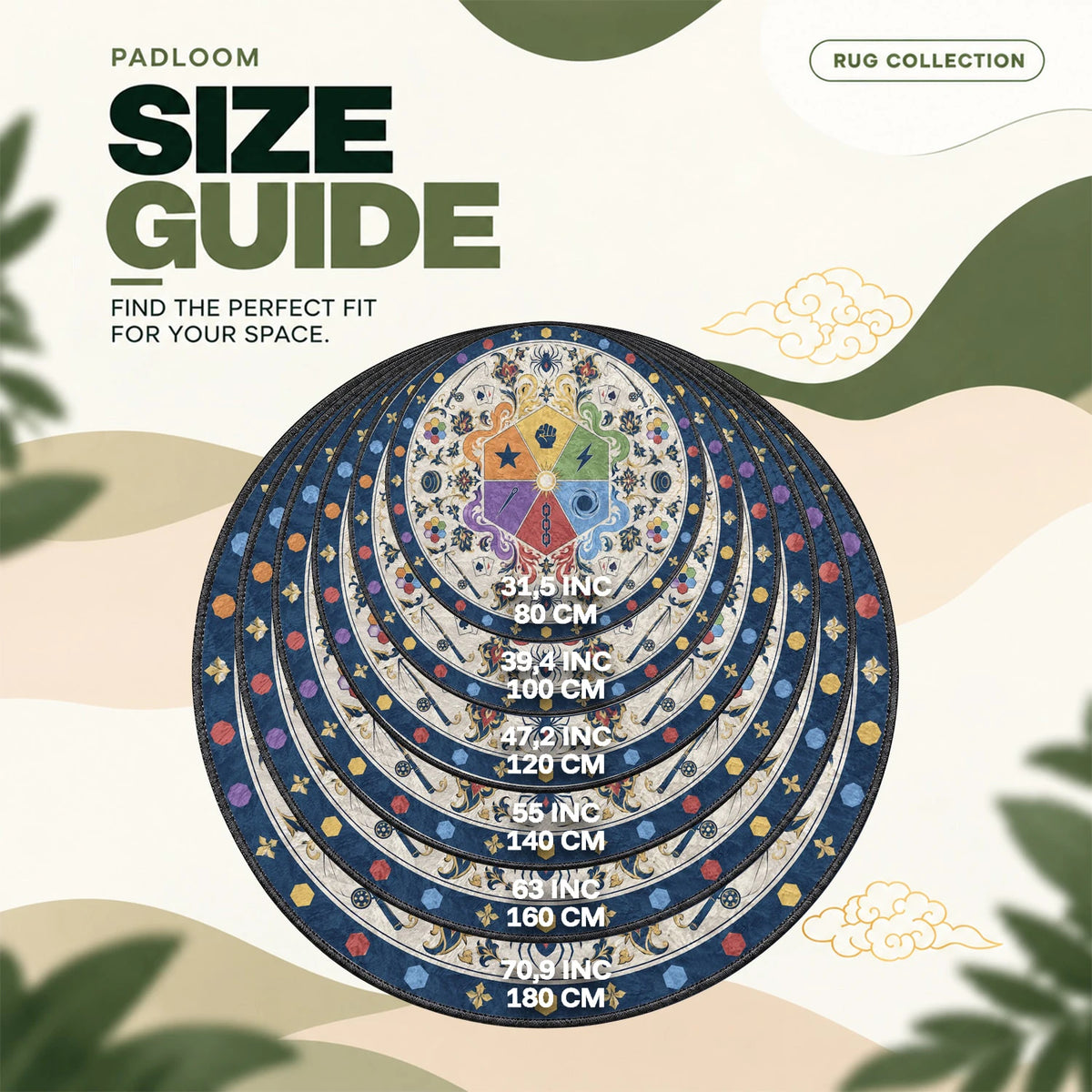 Nen Hexagon round rug size guide, 80 to 180 cm (31.5 to 70.9 in)