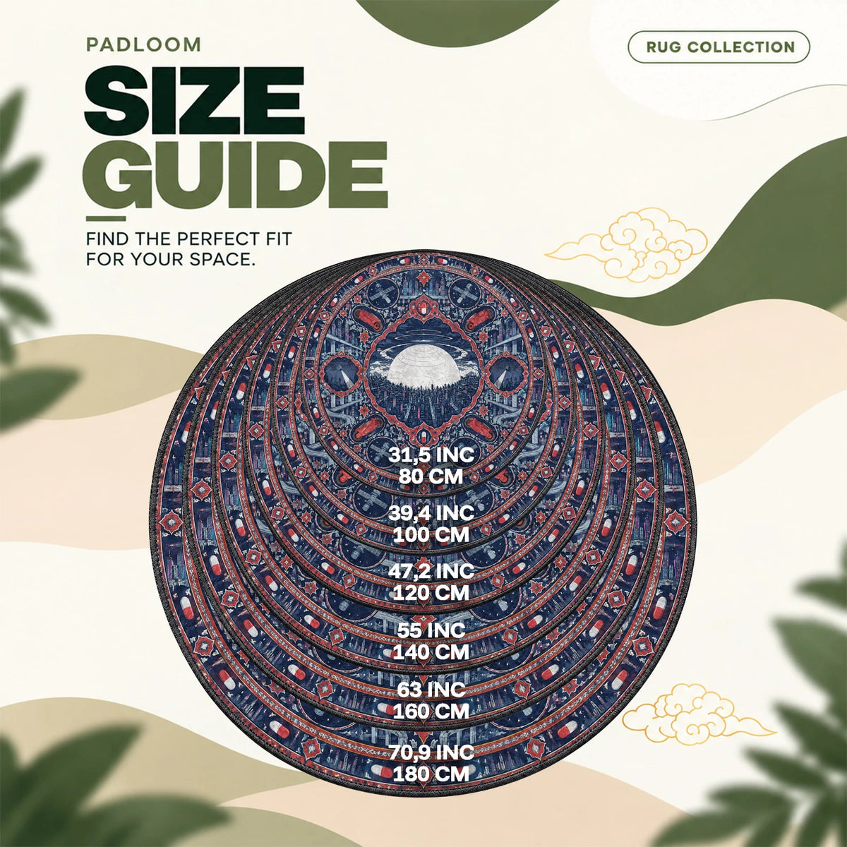 Neo-Tokyo Medallion round rug size guide, 80 to 180 cm (31.5 to 70.9 in)