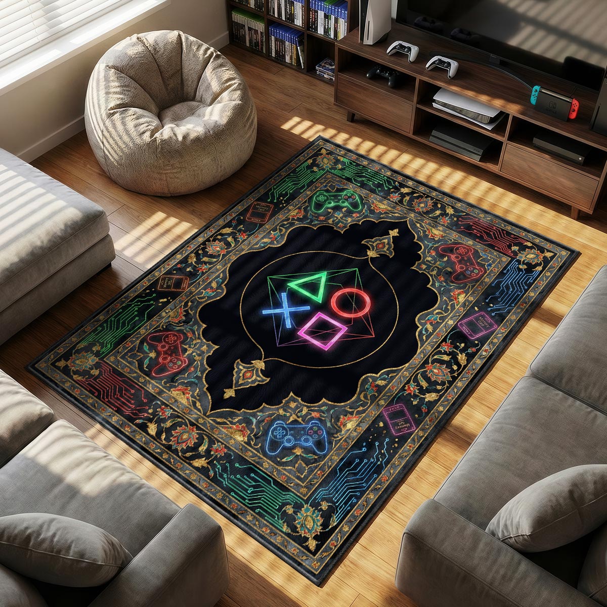 Neon Console themed area rug for Retro fans