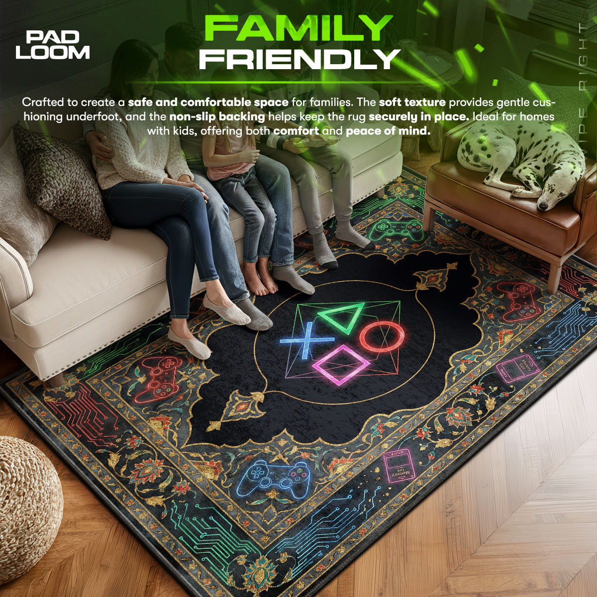 Neon area rug showing full Retro artwork
