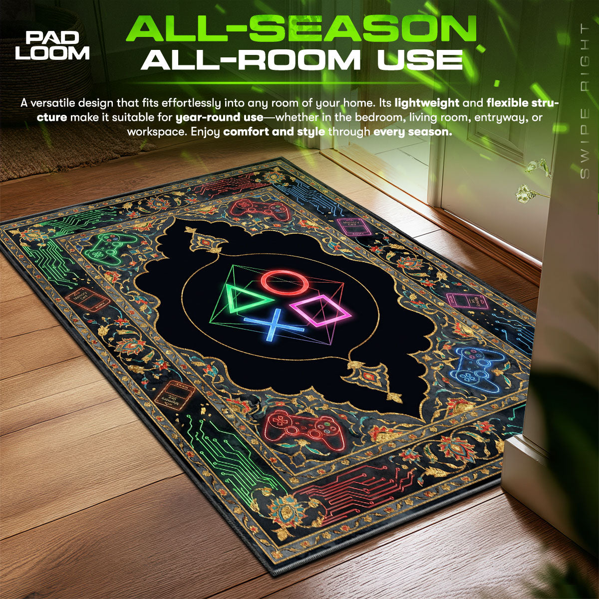 Neon Console Symbols Cyber Room fan rug — premium quality print