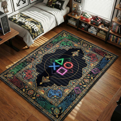 Neon Console Symbols Cyber Rug - Retro Gaming Room Mat