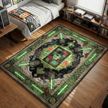 Rust Sheet Metal Door with neon green skull graffiti and code locks industrial art style gaming area rug and floor mat