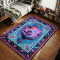 Neon Miami flamingo rug in pink and teal with retro sunset, palm trees and ornate tropical border