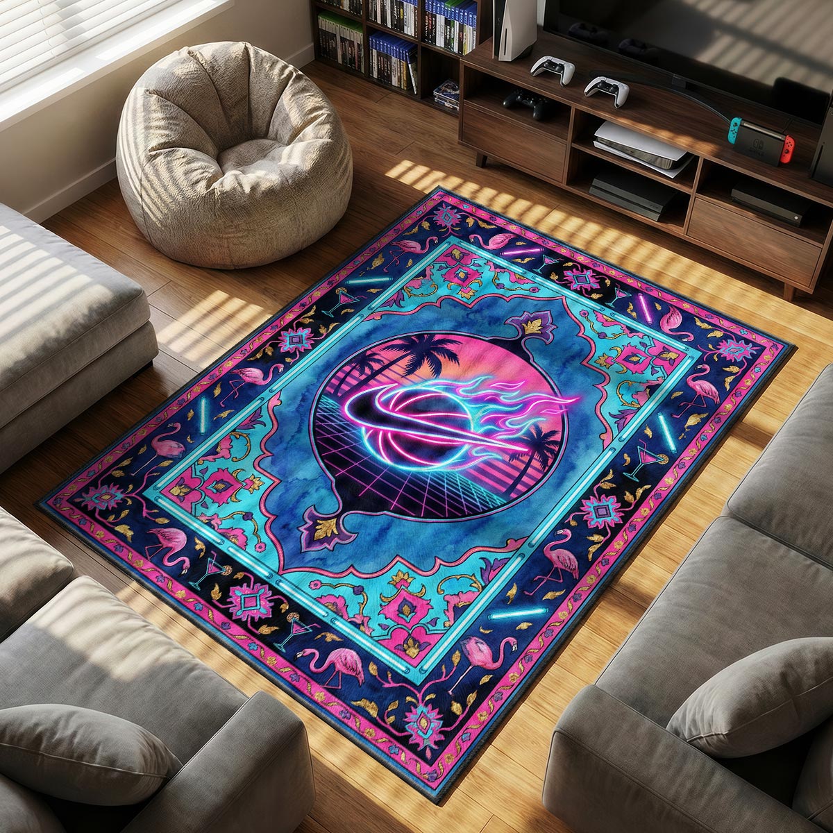 Neon Miami Flamingo Rug - Streetwear Floor Mat