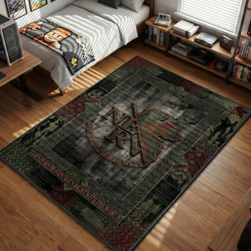 Grunge style NERV logo rug from Neon Genesis Evangelion featuring a rusted fig leaf design, "God's in his heaven" slogan, and emergency hexagon patterns.