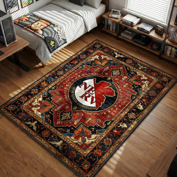 NERV organization logo emblem woven into red and blue traditional Persian floral pattern area rug and floor mat
