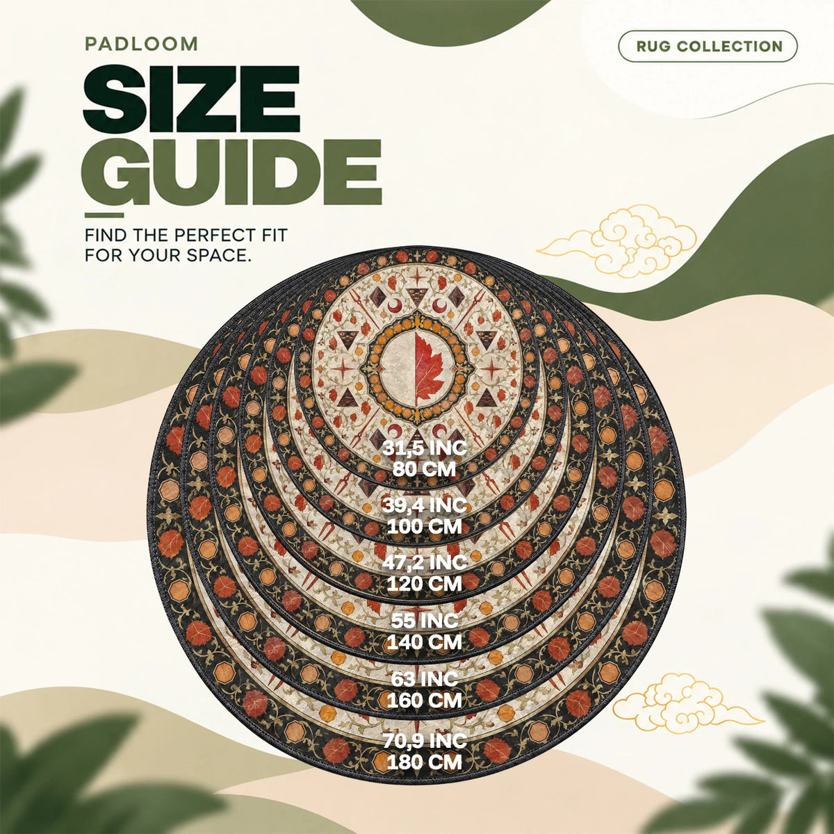 NERV Medallion round rug size guide, 80 to 180 cm (31.5 to 70.9 in)