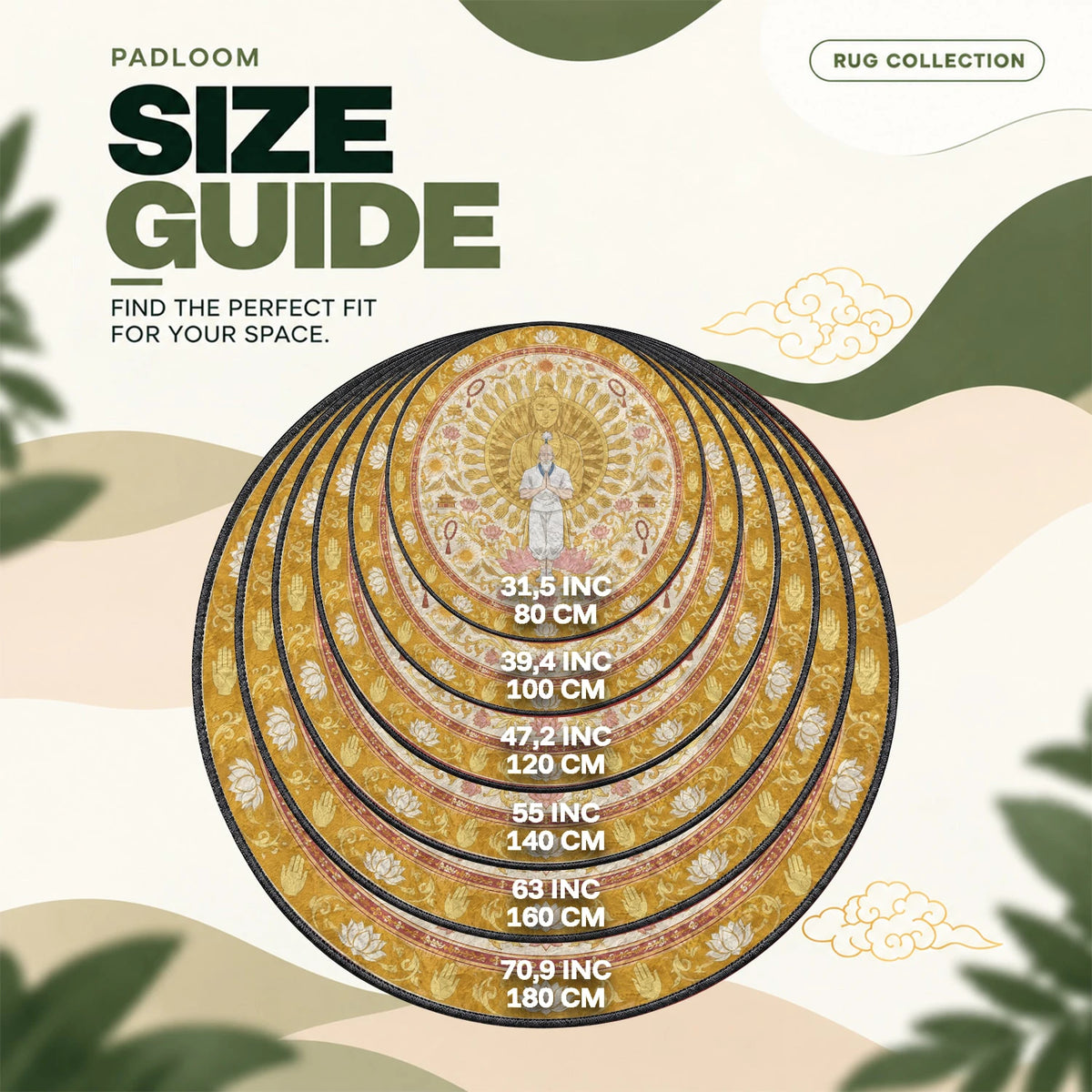 Netero Praying round rug size guide, 80 to 180 cm (31.5 to 70.9 in)