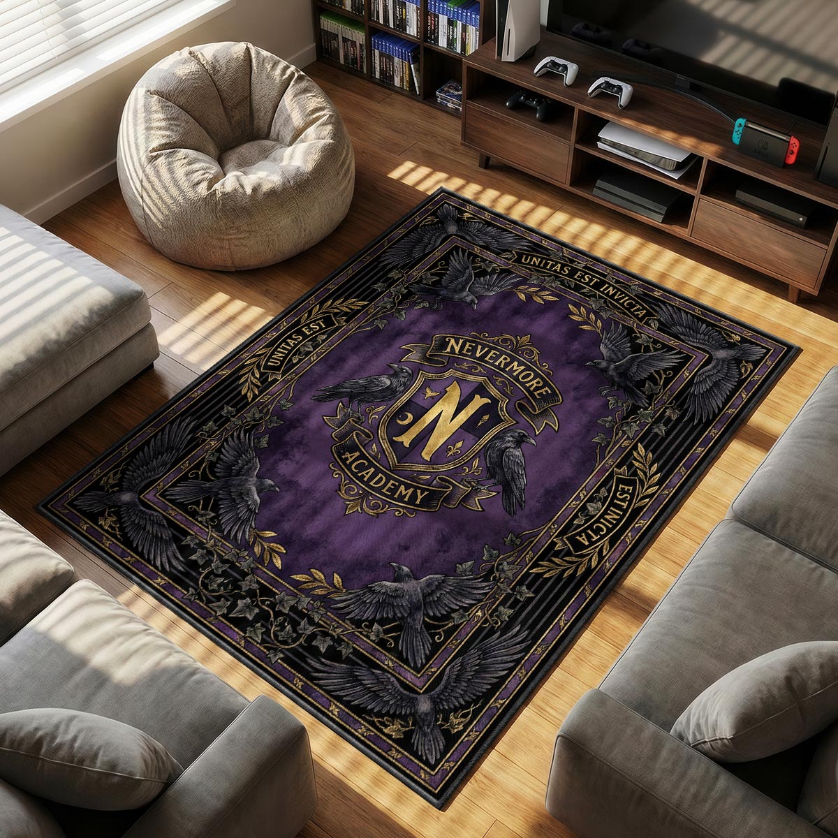 Nevermore Academy themed area rug for home decor fans