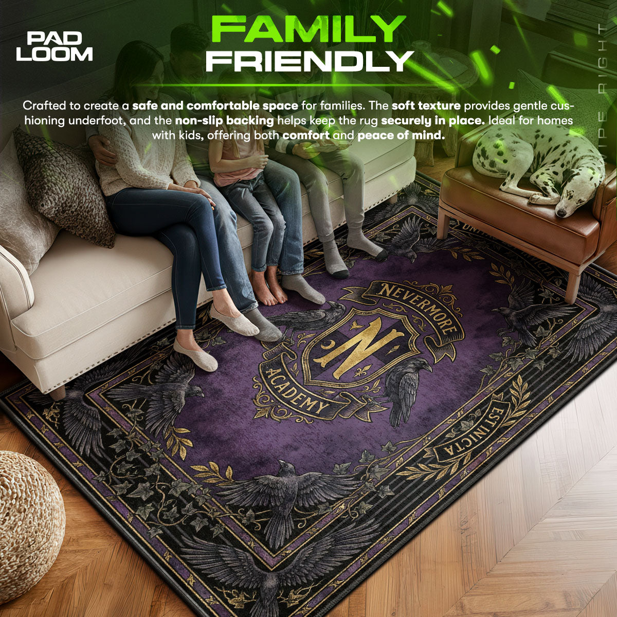 Nevermore area rug showing full home decor artwork