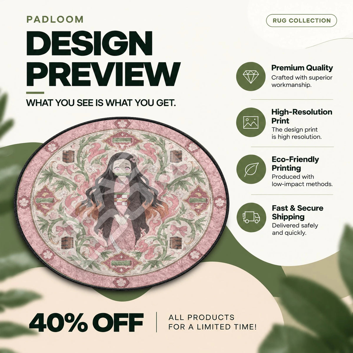 Nezuko Bamboo Demon Slayer round rug full design preview