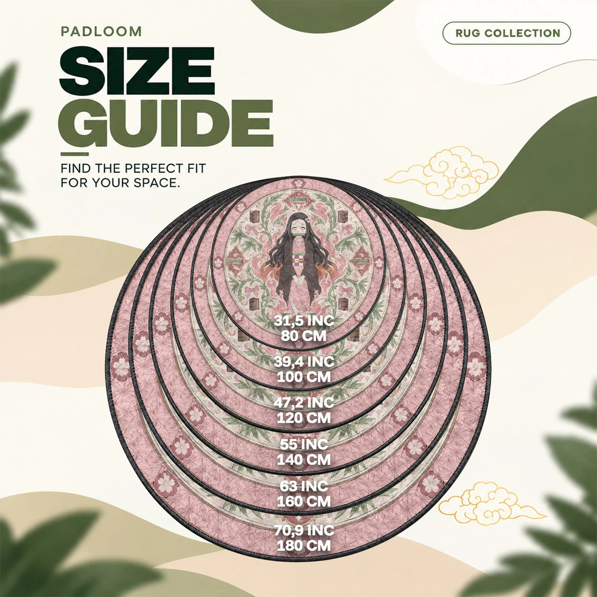 Nezuko Bamboo round rug size guide, 80 to 180 cm (31.5 to 70.9 in)