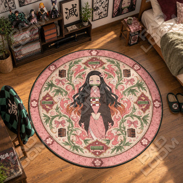 Nezuko Bamboo Demon Slayer round rug on a bedroom floor - Demon Slayer chair mat