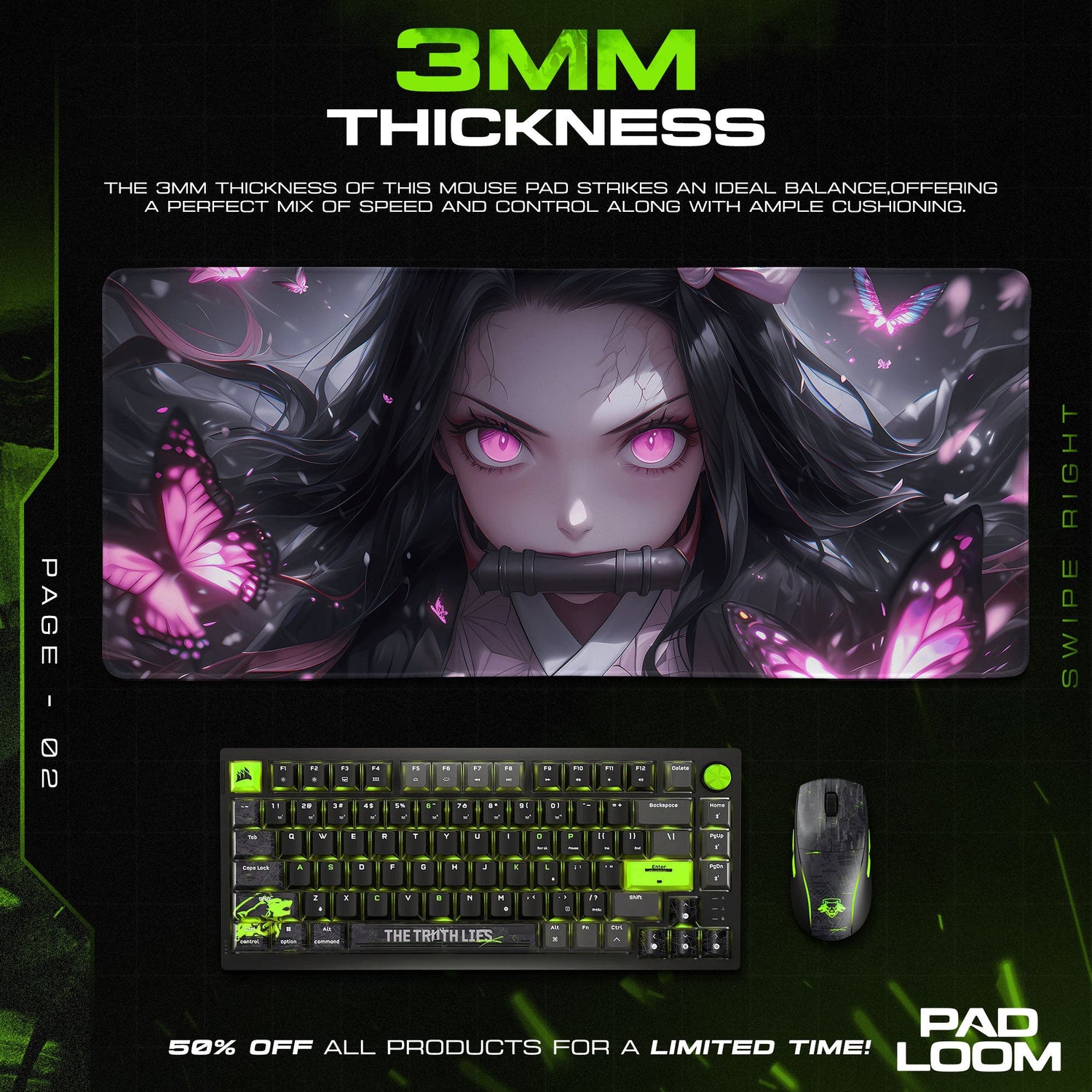Nezuko Butterfly Glow Mouse Pad, Anime Gaming Desk Mat Padloom