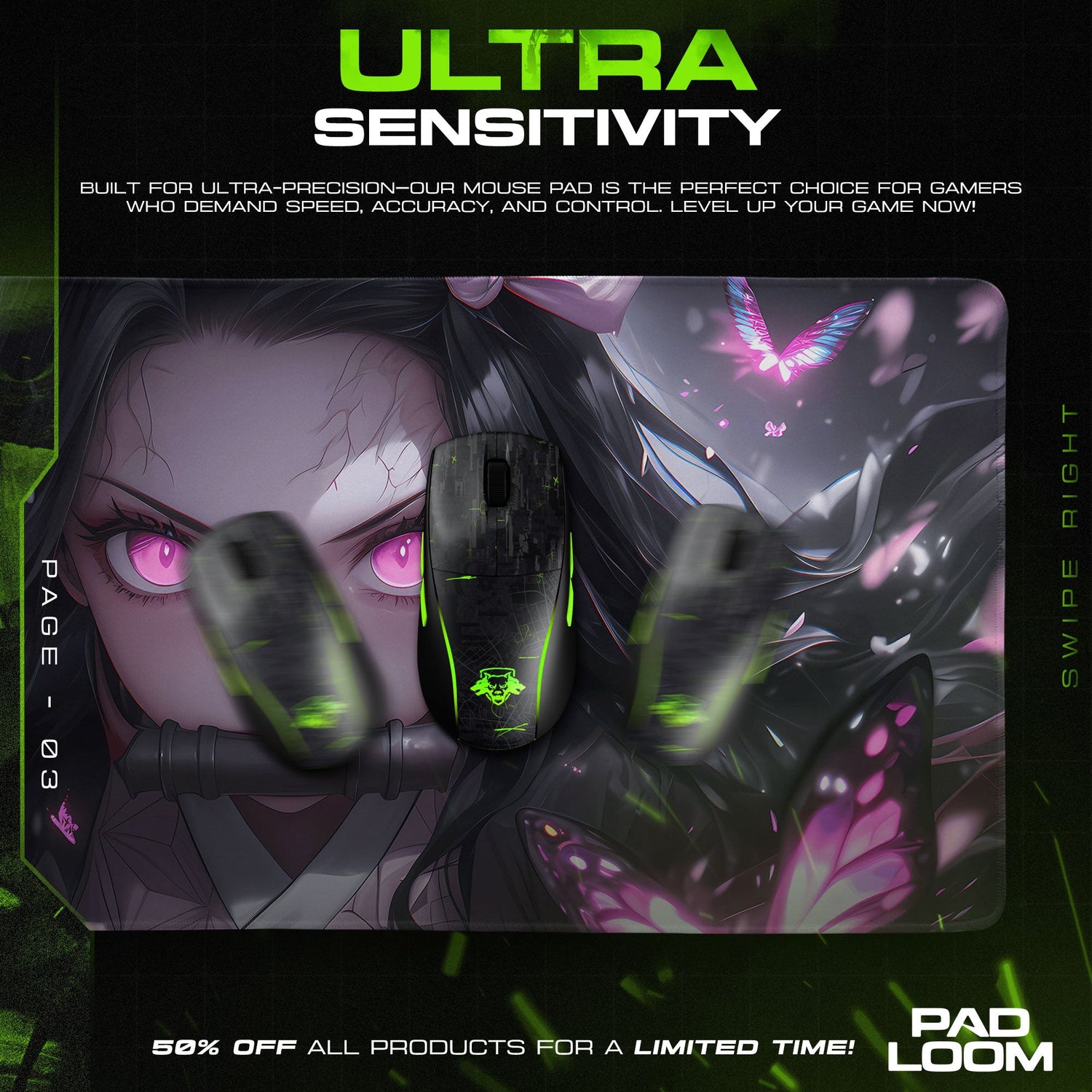 Nezuko Butterfly Glow Mouse Pad, Anime Gaming Desk Mat Padloom
