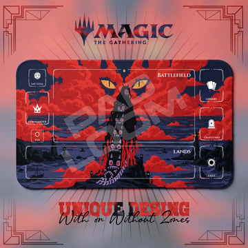 Nezuko Demon MTG playmat, red and navy art with play zones, 24 x 14 in