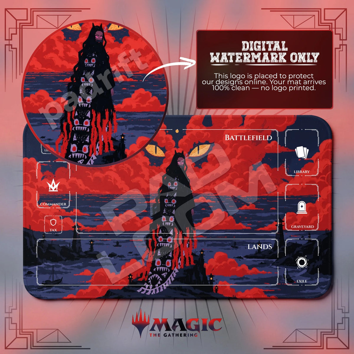 Nezuko Demon MTG playmat with zones; the Padloom watermark is digital only, not printed