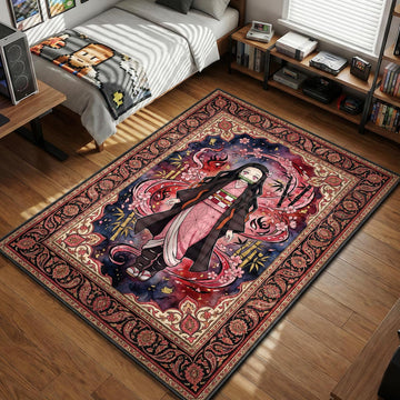 Nezuko Kamado standing surrounded by pink cherry blossoms and bamboo stalks in a vintage Persian style area rug and floor mat
