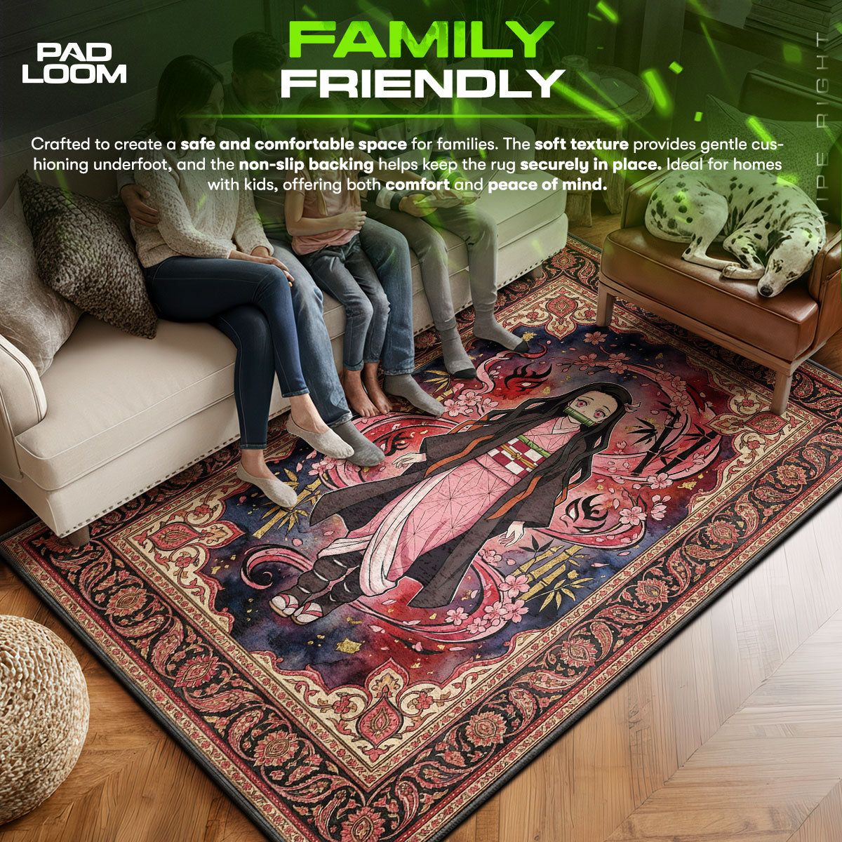 Nezuko area rug showing full home decor artwork